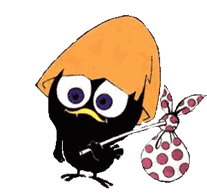 Cartoon Bird Carrying Polka Dot Bag and Stick