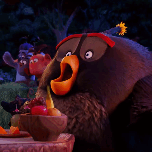Cartoon Bird Eating Bowl of Fruit