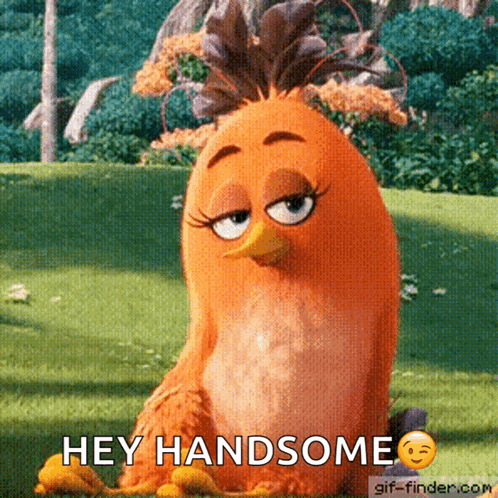 Cartoon Bird Saying Hey Handsome Sitting on Grass
