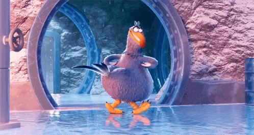 Cartoon Bird Standing in Water Near Round Window