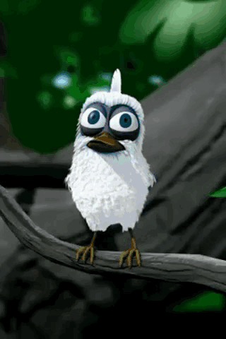 Cartoon Bird With Big Blue Eyes On Tree Branch GIF