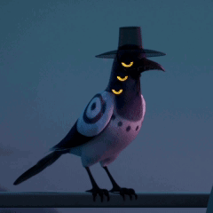 Cartoon Bird With Glowing Eyes On Railing GIF