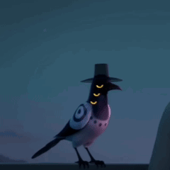 Cartoon Bird With Hat and Three Yellow Eyes Standing on Ledge