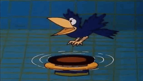 Cartoon Bird With Large Beak Standing On Circular Object In Water GIF