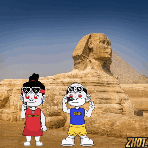Cartoon Boy and Girl at Pyramid with Zhout