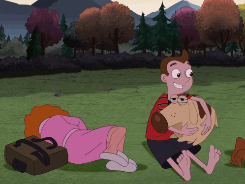 Cartoon Boy And Girl Laying In Grass With Dog GIF