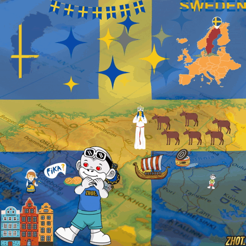 Cartoon Boy Before Map of Sweden and Europe