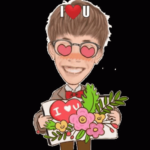 Cartoon Boy Holding Flowers And I Love You Card GIF