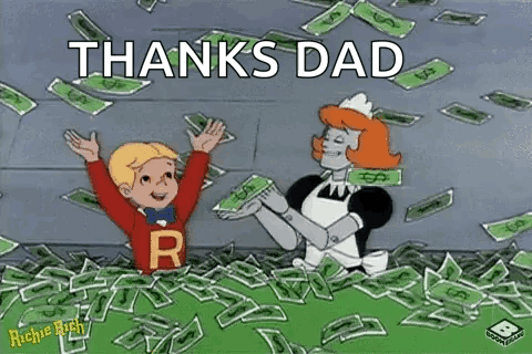Cartoon Boy Holding Pile of Money Next to Woman