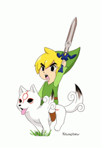 Cartoon Boy Holding Sword Riding White Dog GIF