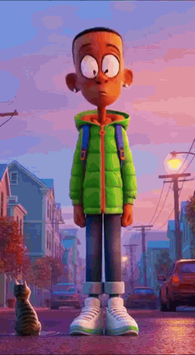 Cartoon Boy In Green Jacket Standing Next To Cat On Street GIF