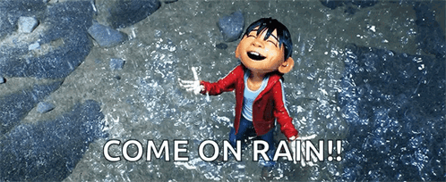Cartoon Boy in Rain Saying Come On Rain