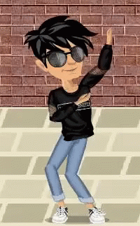 Cartoon Boy in Sunglasses and Black Sweater by Brick Wall