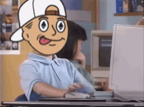 Cartoon Boy in White Hat at Computer