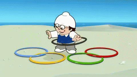Cartoon Boy Playing with Hula Hoops on Beach