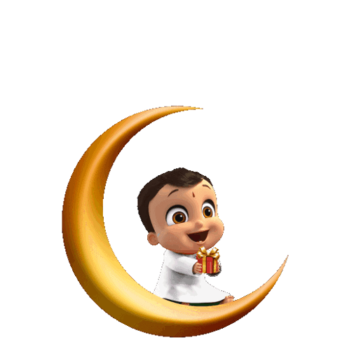 Cartoon Boy Sitting on Crescent Moon Holding Gift
