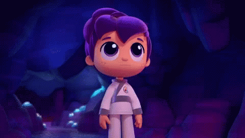 Cartoon Boy With Purple Hair Hands On Hips Eyes Closed Cave GIF