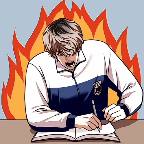 Cartoon Boy Writing in Notebook With Flame