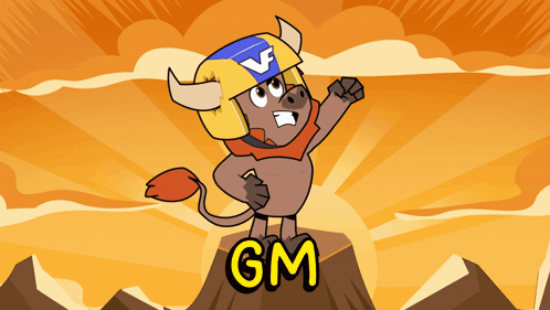 Cartoon Bull in Helmet on Mountain gm