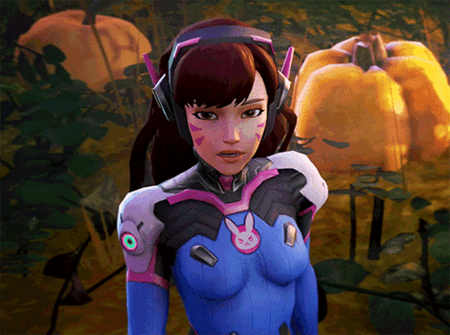Cartoon Bunny Ear Girl Standing in Front of Pumpkins