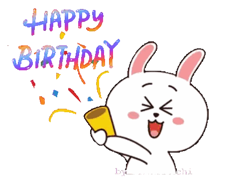 Cartoon Bunny Holding Yellow Cup Saying Happy Birthday