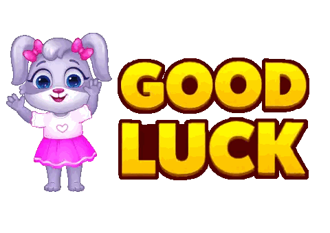 Cartoon Bunny Saying Good Luck Next to Sign