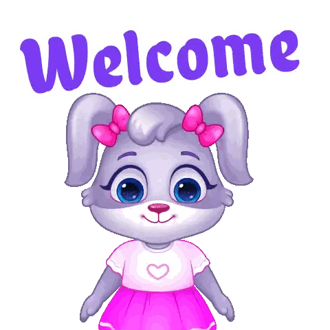 Cartoon Bunny Saying Welcome with Pink Bow