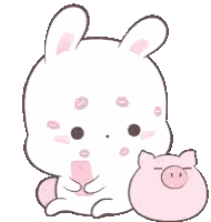 Cartoon Bunny Sitting Next to Pink Pig Holding Cell Phone