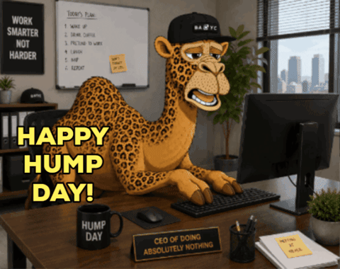 Cartoon Camel Sitting at Desk with Hump Day Cup