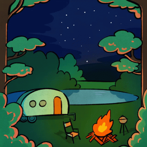 Cartoon Campsite With Camper and Campfire