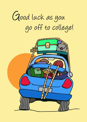 Cartoon Car With Luggage Saying Good Luck As You Go Off To College GIF