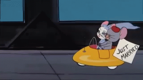 Cartoon Cat and Mouse in Yellow Car Just Married