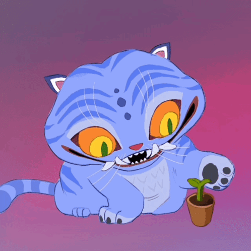 Cartoon Cat and Potted Plant with Mi