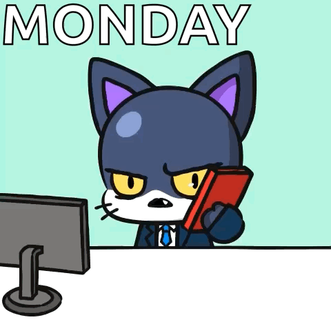 Cartoon Cat at Desk Holding Book and Cell Phone With Monday