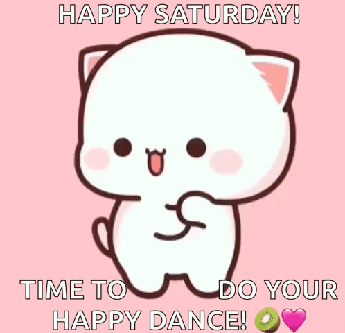 Cartoon Cat Dancing on Pink Background Happy Saturday Happy Dance