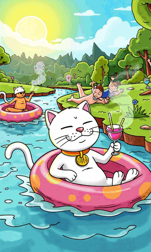 Cartoon Cat Floating On Raft GIF
