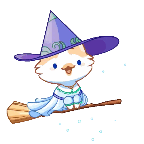 Cartoon Cat Flying on Broom in Witch Hat
