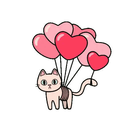 Cartoon Cat Flying With Heart Balloons
