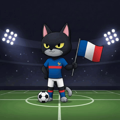 Cartoon Cat French Jersey Holding Flag Soccer Ball GIF