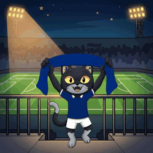 Cartoon Cat Holding Blue Scarf in Stadium