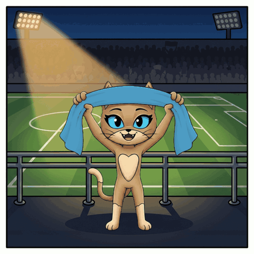 Cartoon Cat Holding Blue Towel Over Head