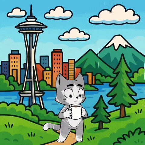 Cartoon Cat Holding Coffee in Front of City Skyline