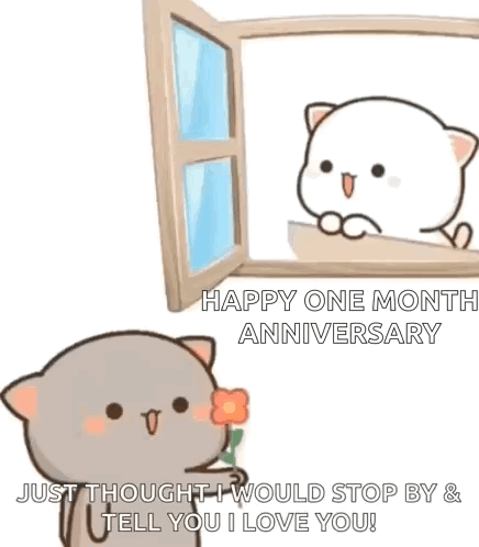 Cartoon Cat Holding Flower Looking Out Window at Another Cat