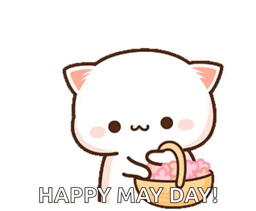 Cartoon Cat Holding Flowers Saying Happy May Day GIF