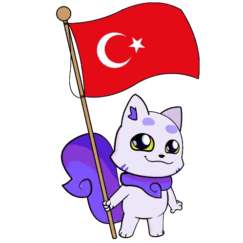 Cartoon Cat Holding Red Flag with Moon and Star
