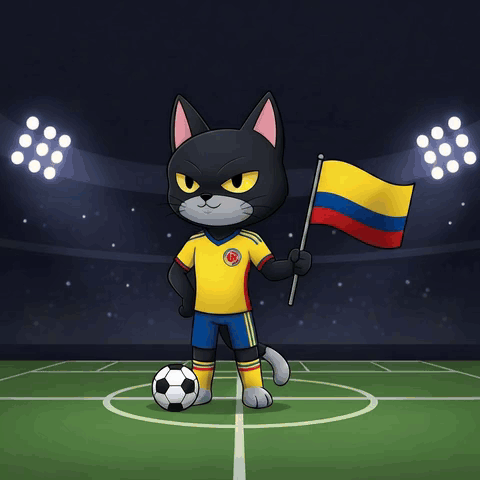 Cartoon Cat Holding Soccer Ball in Front of Goal
