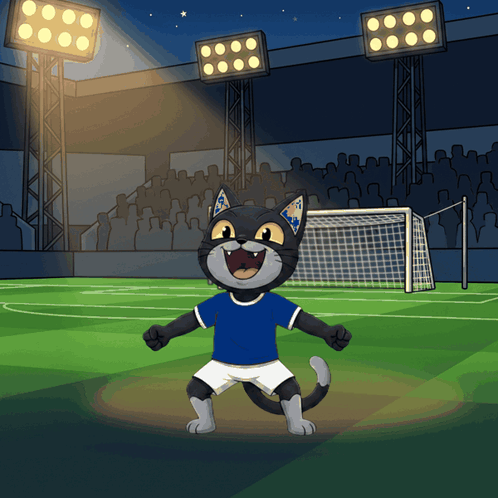 Cartoon Cat in Blue and White on Soccer Field