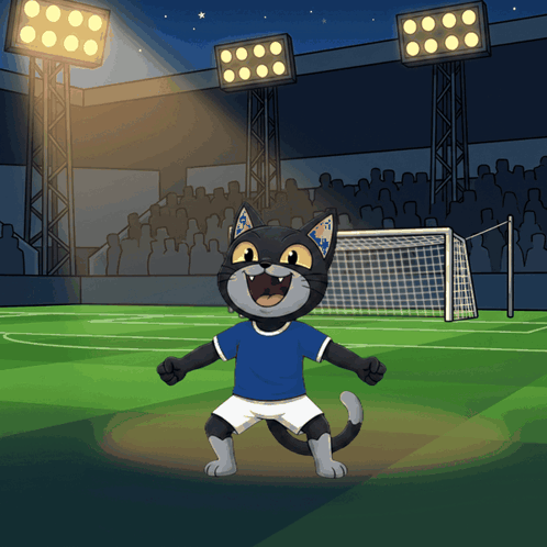 Cartoon Cat In Blue And White On Soccer Field GIF