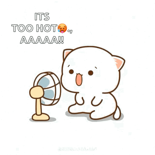 Cartoon Cat In Front Of Fan Saying Too Hot GIF