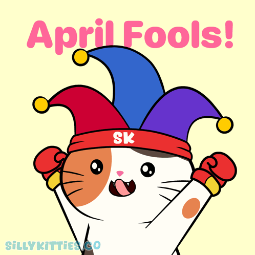 Cartoon Cat in Jester Hat Saying April Fools